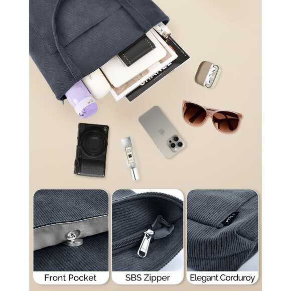 Women Grey Corduroy Large Shoulder Tote Shopping Bag with Zipper and Pockets - Picture 3 of 13